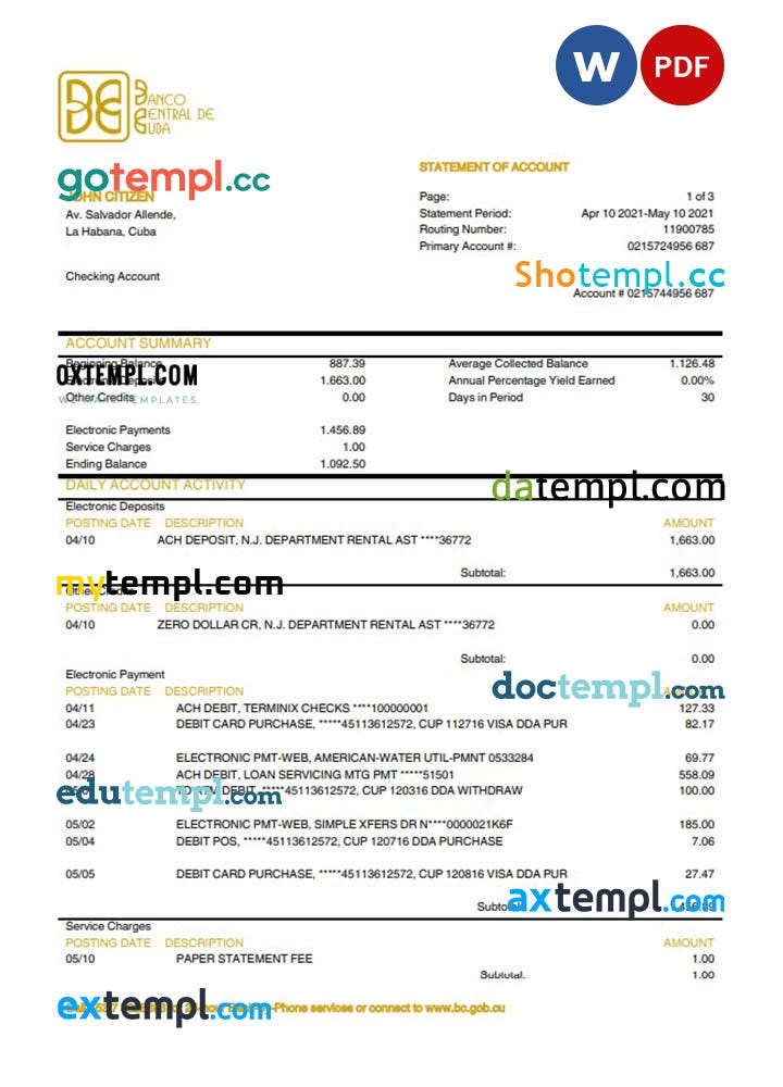 sample Cuba Banco Central de Cuba bank proof of address statement template in Word and PDF