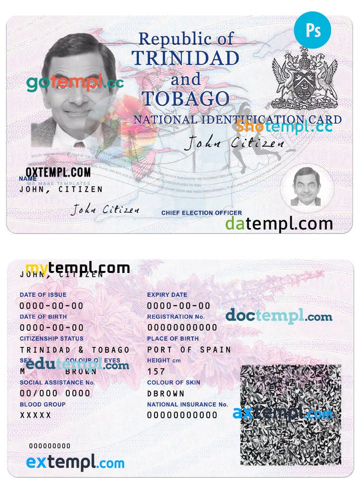 sample Trinidad and Tobago ID card PSD template, completely editable