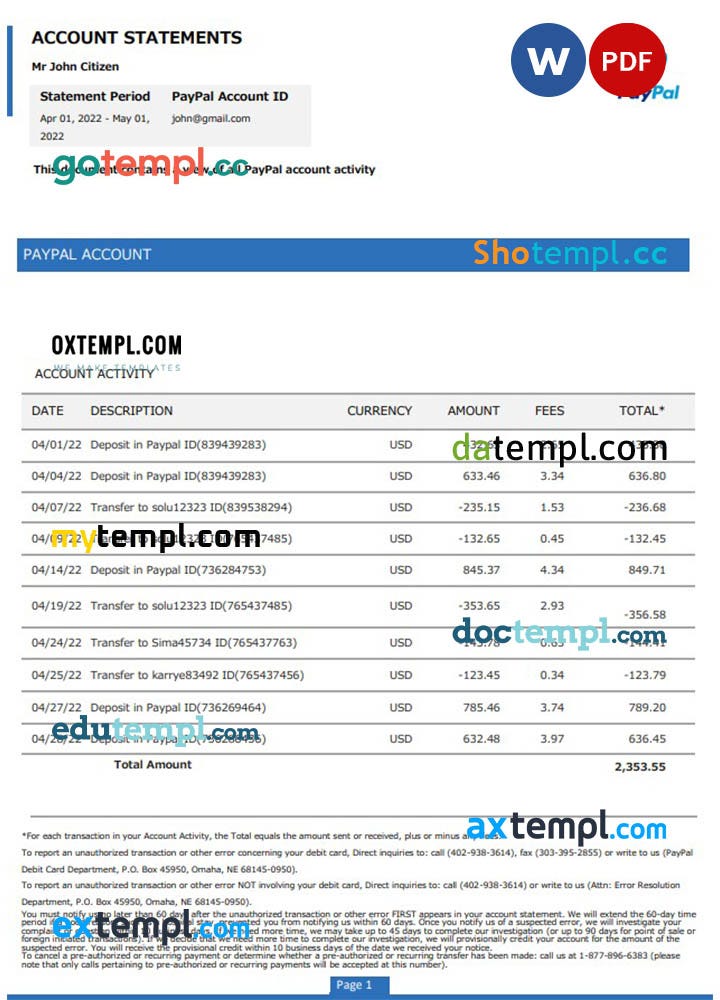 USA PayPal account statement Word and PDF template | by Doctempl | Dec ...