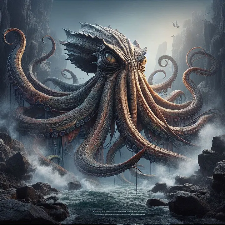 Кракен с щупальцами в океане, арт с надписью «KRAKEN». Кракен Даркнет