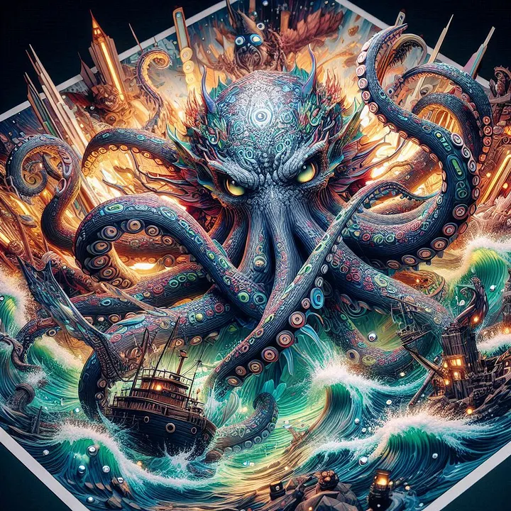 Кракен с щупальцами в океане, арт с надписью «KRAKEN». Кракен Ссылки