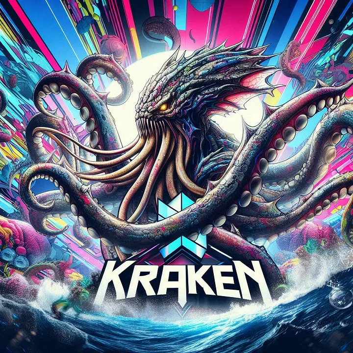 Кракен с щупальцами в океане, арт с надписью «KRAKEN». Зеркала Кракен