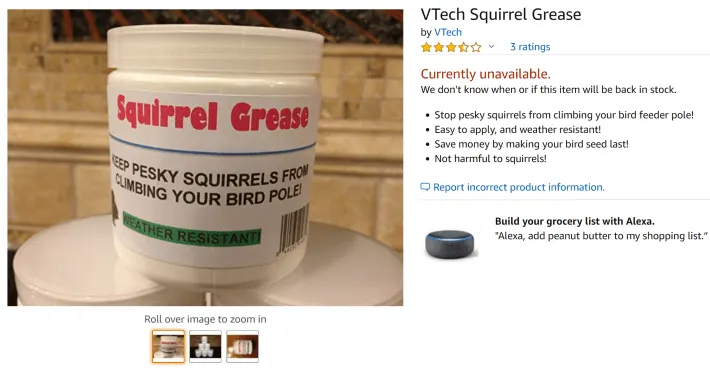 Amazon listing for squirrel grease