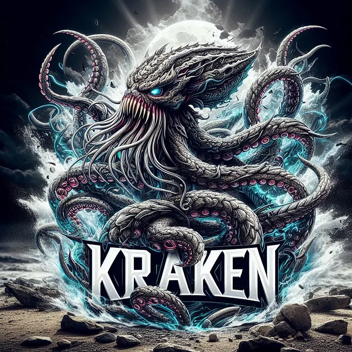 Кракен с щупальцами в океане, арт с надписью «KRAKEN». Кракен Вход