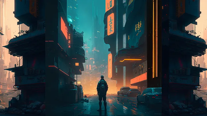 Image showing a person in the mids of a futuristic city with a Cyberpunk 2077 styling. Source: Image generated by author via Midjourney