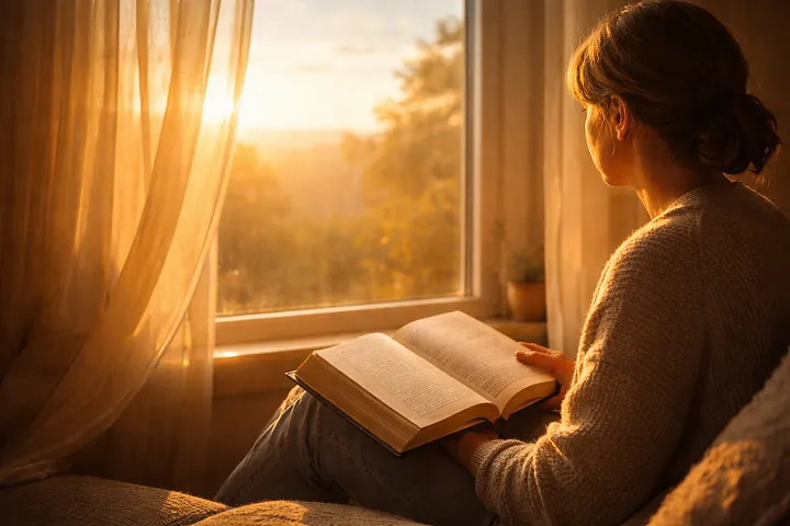 Seseorang merenungkan ayat Alkitab di dekat jendela saat fajar menyingsing menggambarkan kepastian iman dan ketenangan batin dalam Tuhan.