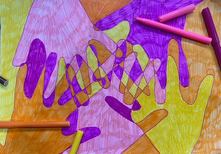 A 2D image of human hands, coloured in with a variety of colours