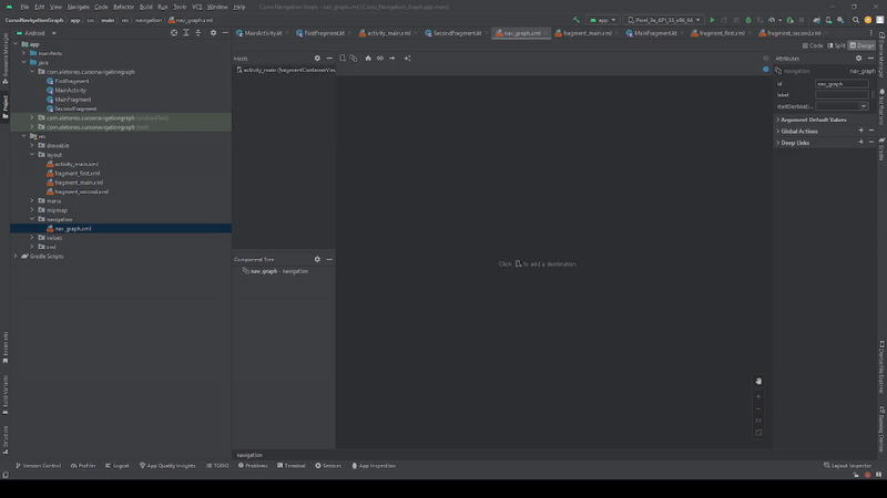 Figure 5. Adding destinations and creating actions on Android Studio.
