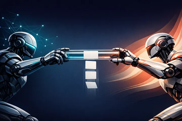 Hai robot trừu tượng trao đổi baton dữ liệu