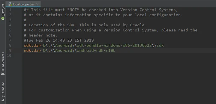 local.properties file to store path to android NDK