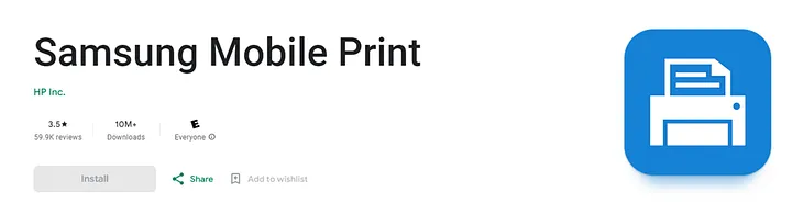 Installing the Samsung Mobile Print app from the Google Play Store