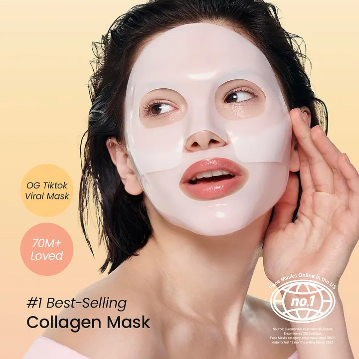 Woman wearing Biodance Bio-Collagen Real Deep Mask, labeled as #1 best-selling collagen mask