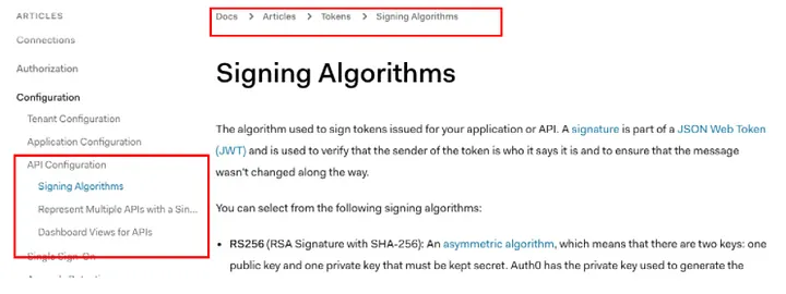 A screenshot of Auth0’s docs, showing a mismatch between the breadcrumbs and sidebar