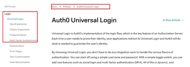 A screenshot of Auth0’s docs, showing a mismatch between the breadcrumbs and sidebar
