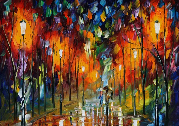 Two people walking in a park while it rains with trees lining the path