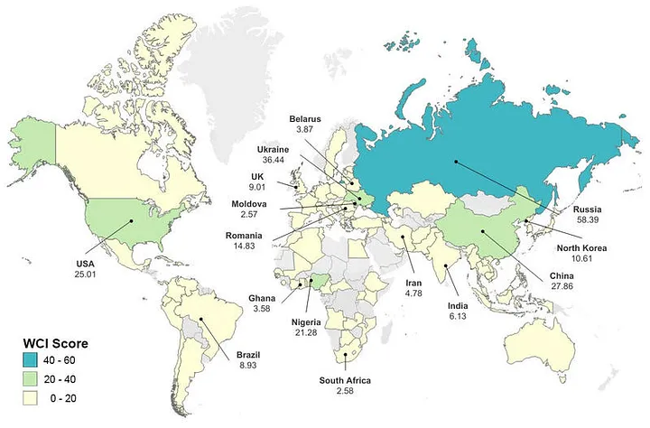 A Map of the World Based on the World Cybercrime Index