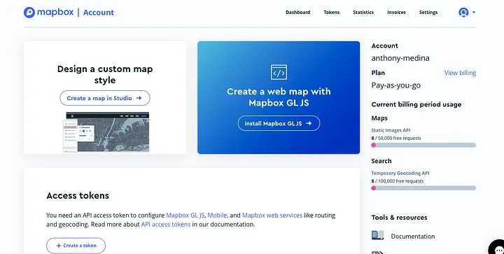 Mapbox - Account Main Page