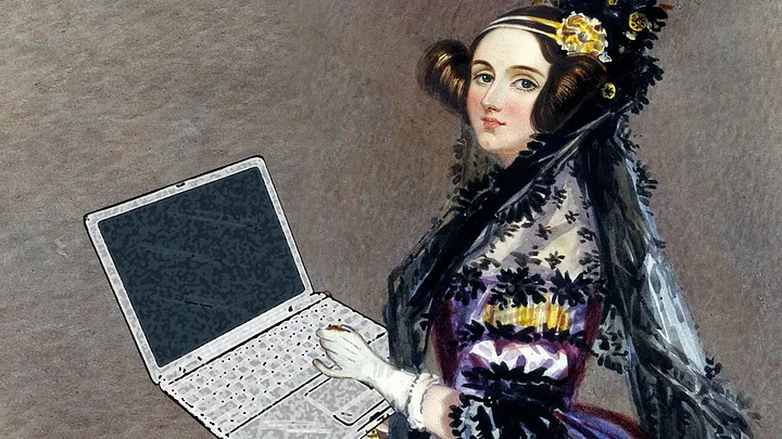 imagem em ilustração de Ada Lovelace usando um laptop