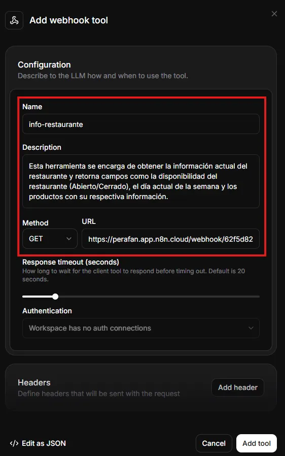Configuración de la herramienta info-restaurante en ElevenLabs