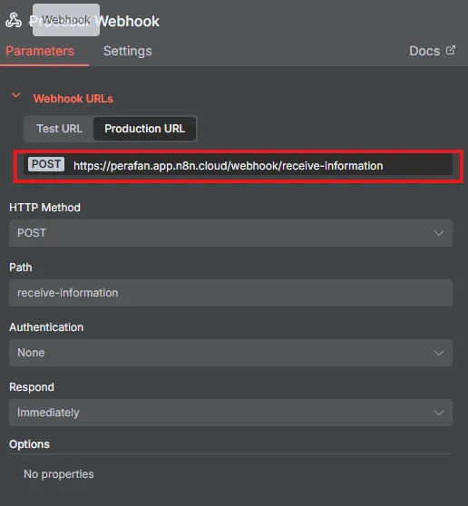 URL de producción del Webhook Postprocesamiento en n8n