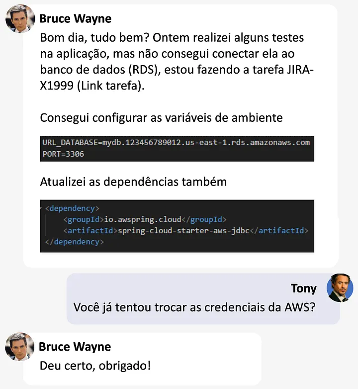 Exemplo de uma conversa com mais contexto e fácil de ser compreendida por colegas de equipe
