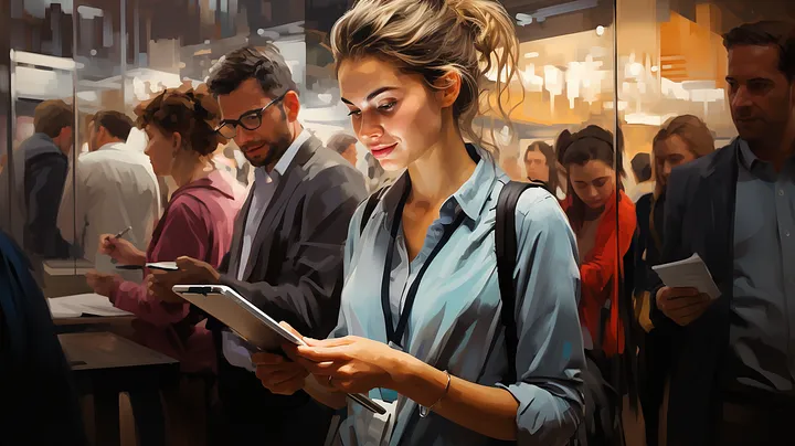 Illustrative image of woman in a crowd looking down at a tablet.