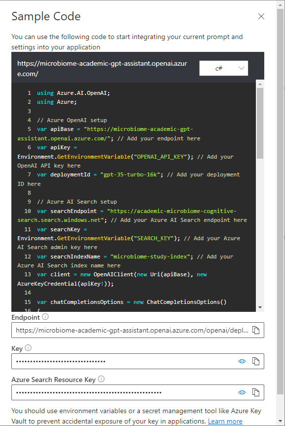 Extracting the C# code snippet for integrating the solution within our .NET powered environment