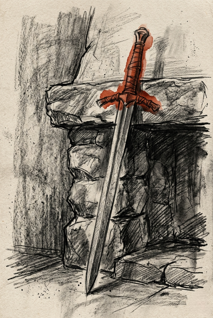 “The Sentinel. A rough charcoal sketch of a longsword leaning by the hearth, its grip alive with a raw, terracotta watercolor wash. A quiet reminder of the strength waiting to cut through the noise of the day.” Art Sketch by Misselbereth