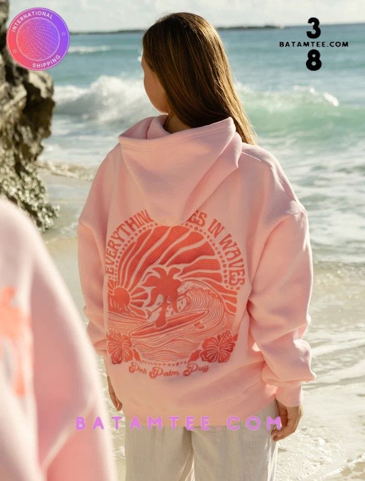 Everything Comes In Wave Pink Palm Puff Hoodie — Pink, by Batamtee Store