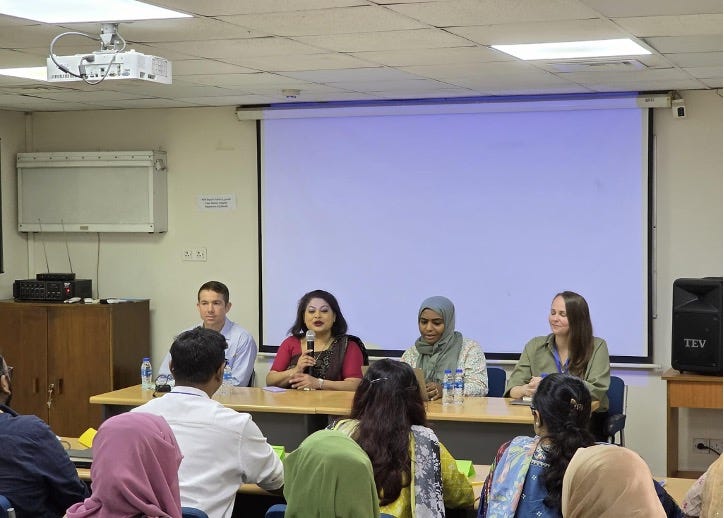 From L-R: Dr. Thaddaeus David May, Senior Director, and Dr. Aliya Naheed, Senior Scientist, of the Nutrition Research Division from icddr,b with Dr. Hiba Babiker and Casey Johanns from Variant Bio, at the inaugural training session carried out at icddr,b. Photo credit: Dr. Tarikul Islam