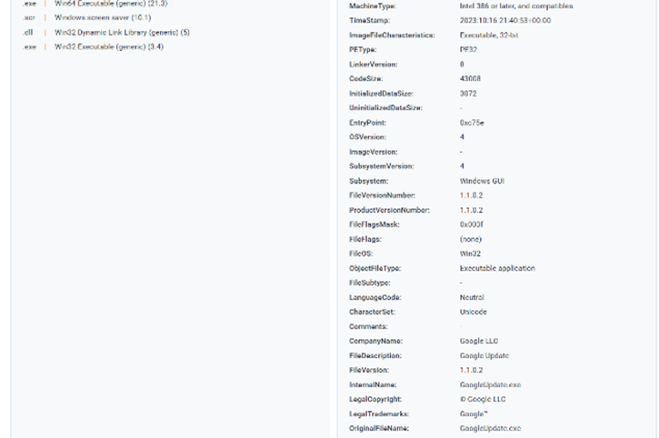PE metadata showing spoofed Google branding