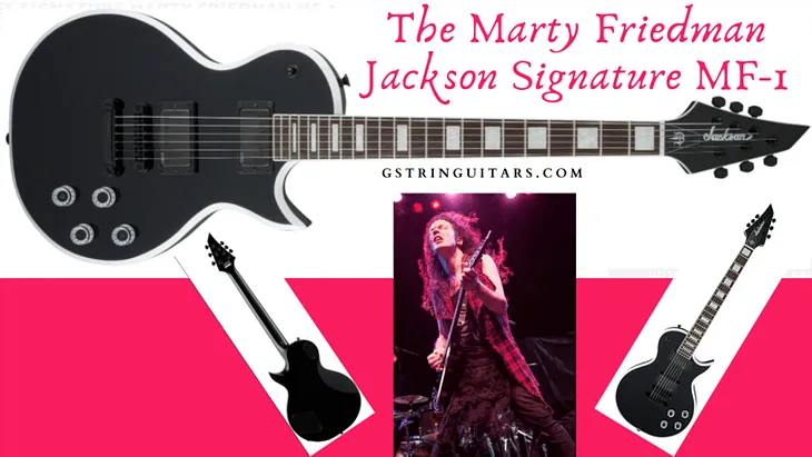 A Feature image of the MF1 Jackson guitar and the artist on stage Marty Friedman