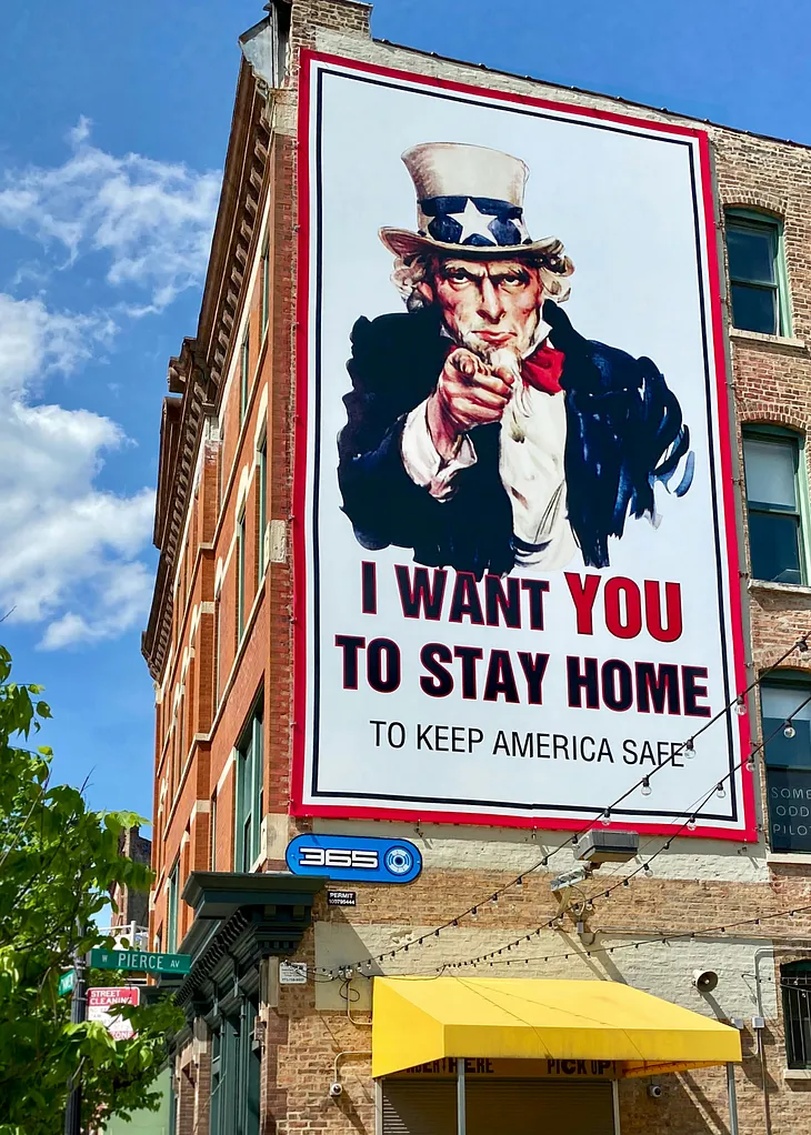 Uncle Sam like guy pointing and the words say, “I want you to stay home to keep America Safe”