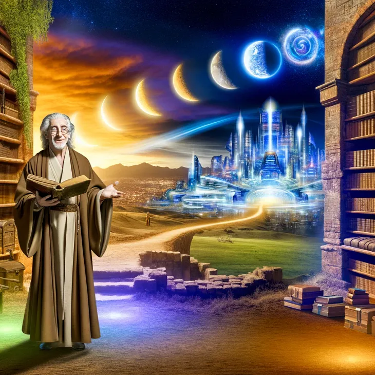 A visually stunning, surreal landscape depicting an ancient library filled with scrolls and glowing books, transitioning into a vibrant futuristic city where technology and nature coexist. The sky is a canvas of different times of day and night. A wise figure resembling Albert Einstein stands at the transition point, inviting viewers into the future city, representing the blending of ancient wisdom with modern vision and the passage from past to future.