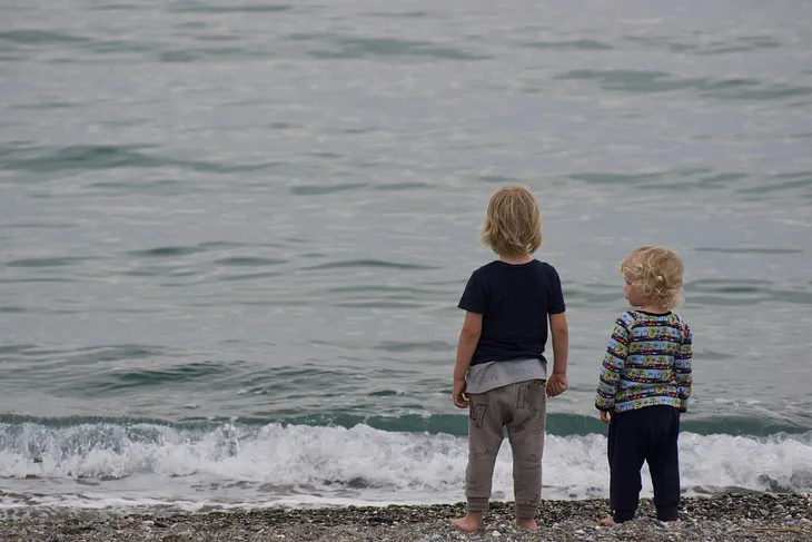 Two children stand at the shore looking out