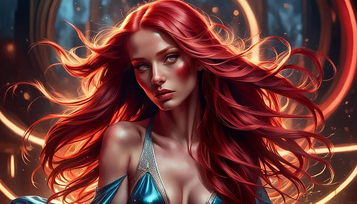 A stunningly beautiful woman with long red hair. Her hair is whipping in the wind with some passionate emotion.