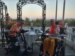 Happy on Wheels at a restaurant on the Rehoboth Beach boardwalk.