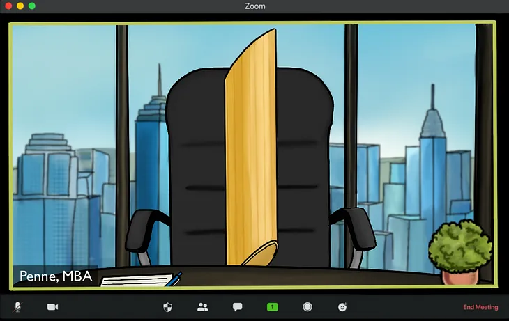 Penne pasta on a zoom call with the fancy view from a skyscraper office in the background