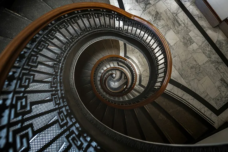 Looking down a spiral staircase. Ruth Boukhari