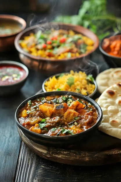 Indian food dishes on a wooden table: A colorful spread of traditional Indian cuisine, beautifully presented on a rustic wooden table.