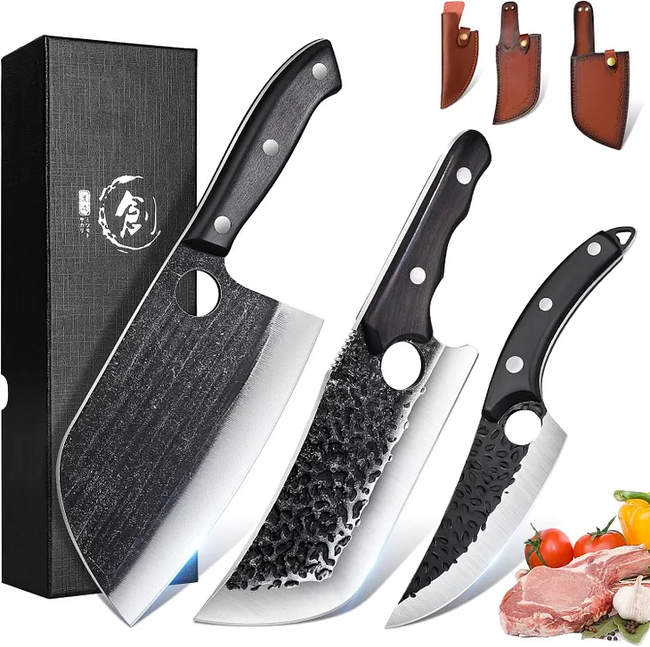 TIJERAS Butcher Knife Set, 3PCS Hand Forged Meat Cleaver  Serbian Chef Knife  Viking Knives with Sheaths, Black High Carbon Steel Meat Cutting Kitchen Knife Set for Kitchen Camping BBQ Gift Idea Men