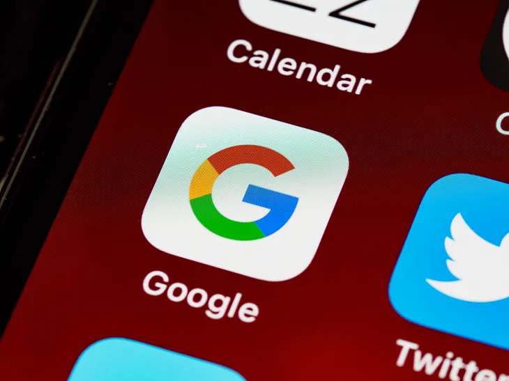 The Google logo is on an app icon with the word Google under it. The Twitter icon is shown peeking to the right and the Calendar icon on top.