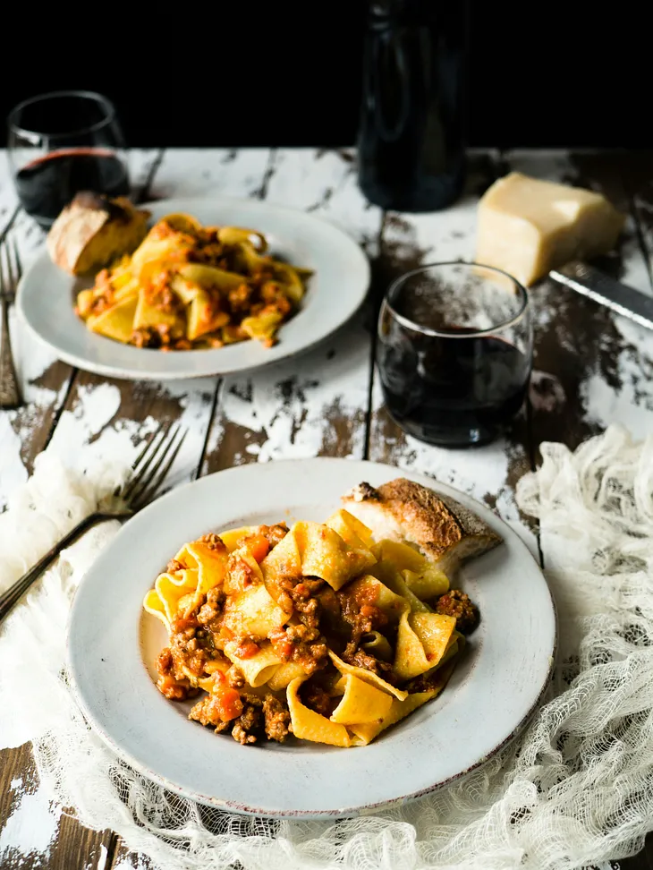 Pasta served on a plate.