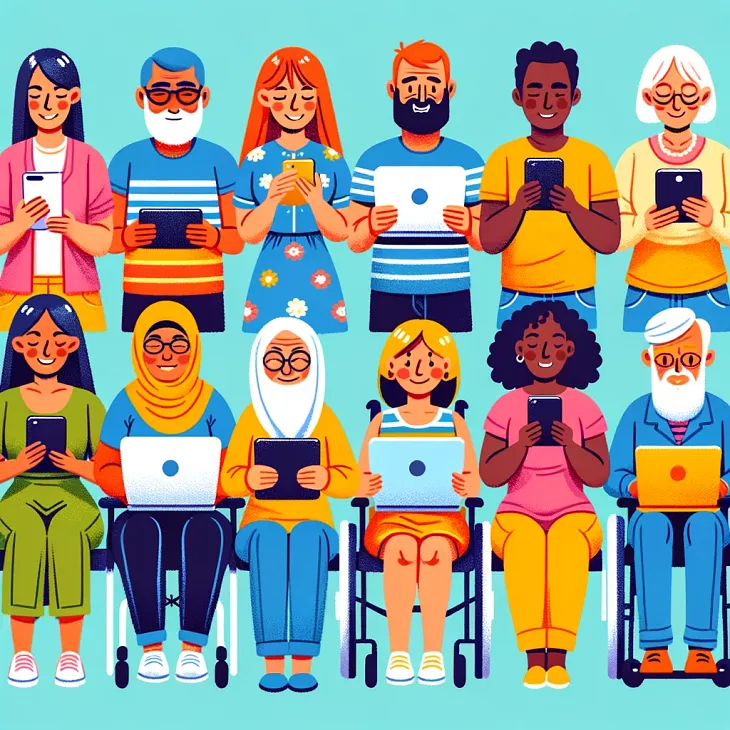 Colourful illustrated collection of people using digital devices.