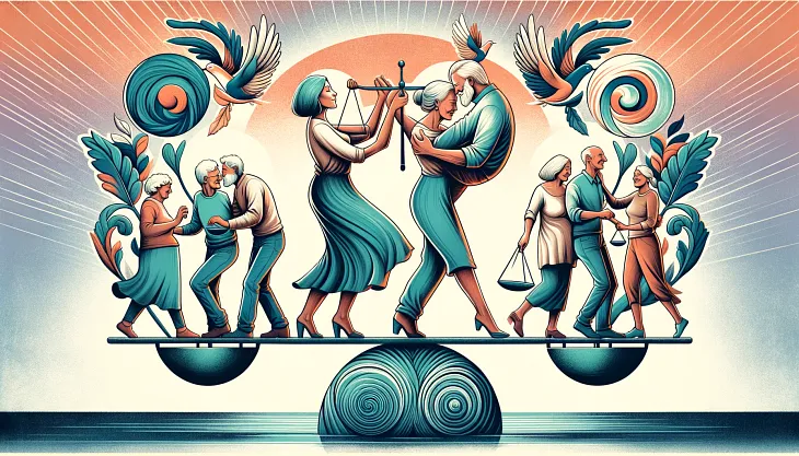 Creative illustration of diverse mature couples in moments of initiating romance, highlighting balance and equality