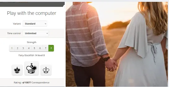 On left the Lichess dialogue box when initiating a game against Stockfish engine. On right a view from the back of a couple holding hands.