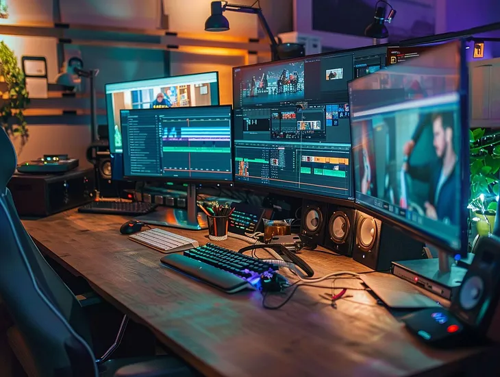 Video editing on multiple screens.