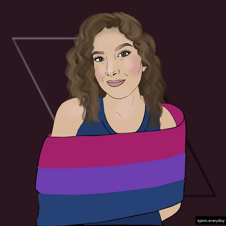 A cartoon drawing of me, a Latina with brown wavy hair, wrapped in a Bisexual Pride flag.