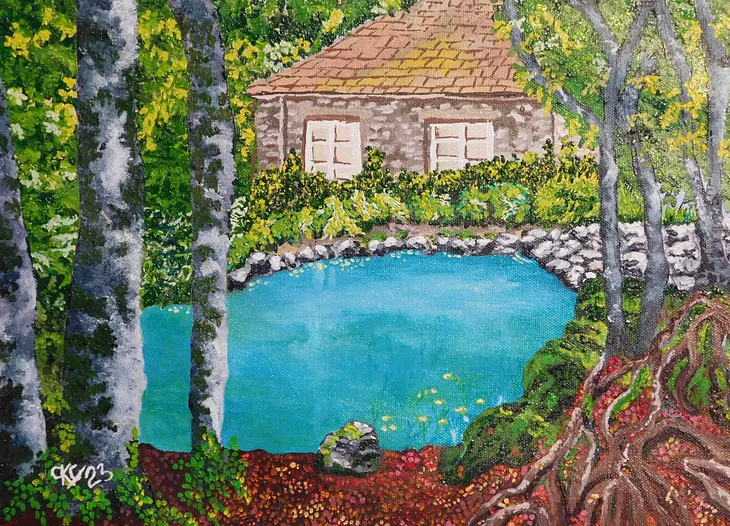 A painting of a pond with a house behind it, and trees around it.