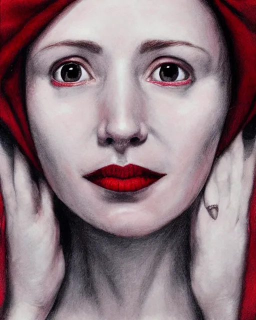 AI-Generated artwork of the Elizabeth Bathory. The frame centers on her face, which is a mixture of pale and crimson red. Her right hand has a wonky pinkie, which is the only thing keeping human artists employed. She is wearing a red hood and has big, black pupils. I attempted to draw her myself — it was pretty disappointing.